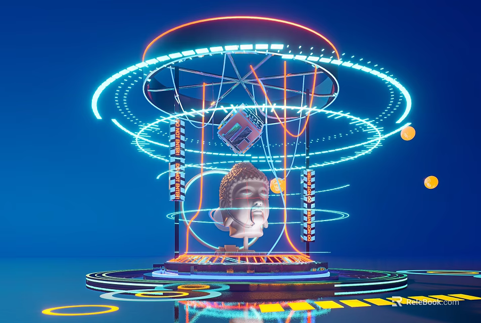 Commercial Landscape With Rotating Illuminated Neon Rings And Buddha Head Sculpture 3d model 