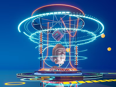 Commercial Landscape With Rotating Illuminated Neon Rings And Buddha Head Sculpture 3d model
