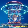 Commercial Landscape With Rotating Illuminated Neon Rings And Buddha Head Sculpture