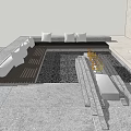 Modern Outdoor Public Seating With Stone Floor Pebbles Fire Pit And Cushions