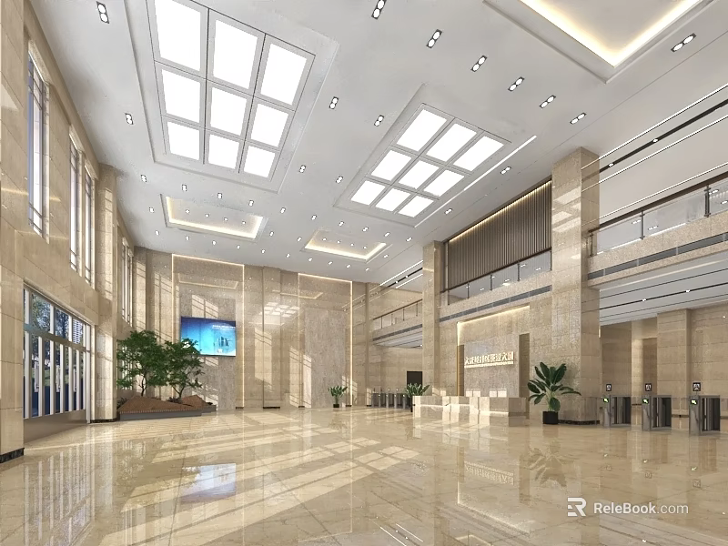 Spacious Bright Hotel Lobby Interior With Marble Floor Reception Desk Green Plants And Skylights 3d model 