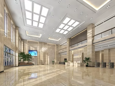 Spacious Bright Hotel Lobby Interior With Marble Floor Reception Desk Green Plants And Skylights 3d model