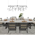 Modern Dining Table Set With Rattan Chairs Branch Shaped Chandelier Tableware And Green Plant