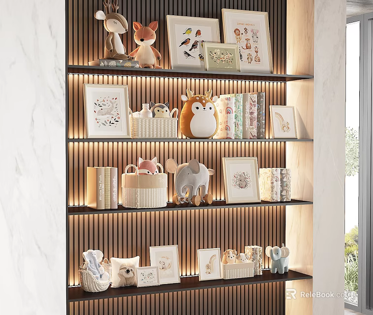 Wooden Bookshelf With Books Magazines Photo Frames Animal Figurines Against Marble Wall With Lighting 3d model 