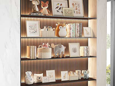 Wooden Bookshelf With Books Magazines Photo Frames Animal Figurines Against Marble Wall With Lighting 3d model