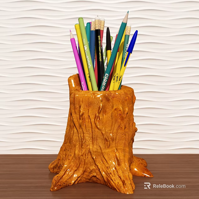 Tree Stump Shaped Pen Holder with Colorful Pencils and Pens on Wooden Table 3d model 