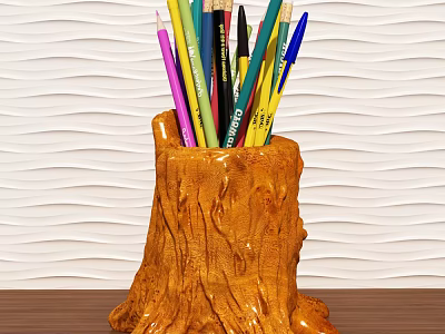 Tree Stump Shaped Pen Holder with Colorful Pencils and Pens on Wooden Table 3d model