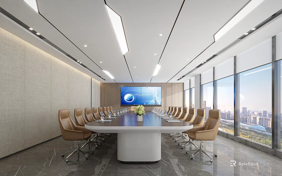 Modern Conference Room With Long Table Brown Chairs Large Screen And City View 3d model 
