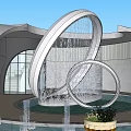 Modern Circular Fountain With Flowing Water Grass Roof Glass Walls Small Fountains And Plant Pots