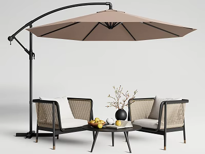Outdoor Wicker Table And Chairs Set With Large Umbrella Coffee Table With Fruits And Vase 3d model