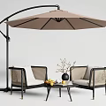 Outdoor Wicker Table And Chairs Set With Large Umbrella Coffee Table With Fruits And Vase