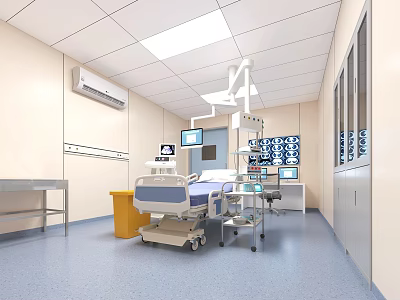 Modern Hospital Ward Interior Featuring Medical Bed Examination Lights Monitors And Storage Cabinets 3d model
