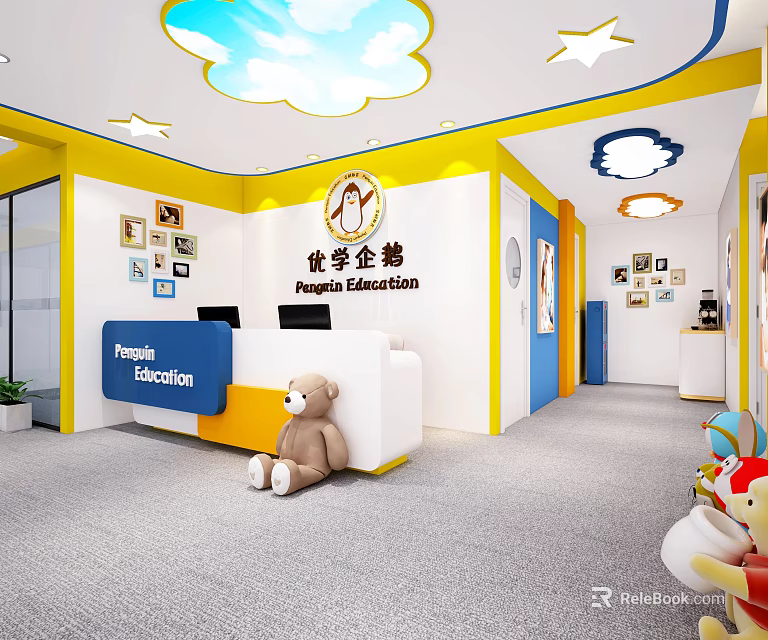 Colorful Kindergarten Interior With Cloud Star Ceiling Teddy Bear And Reception Area 3d model 