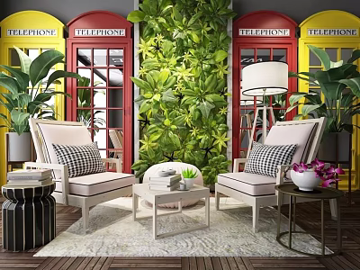 Casual Sofa Set With Green Plant Wall Telephone Booths And Coffee Table In Living Room 3d model