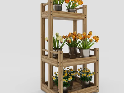 Decorative Wooden Tiered Garden Shelf With Potted Tulips And Daisies 3d model