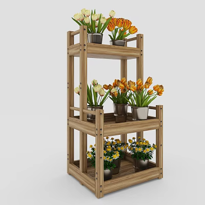Decorative Wooden Tiered Garden Shelf With Potted Tulips And Daisies 3d model