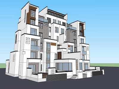 Modern Semi Detached Villa Exterior Design With White And Dark Facade Balconies And Large Windows 3d model