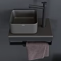 Modern Minimalist Square Gray Washbasin with Black Countertop Faucet and Towel Rack