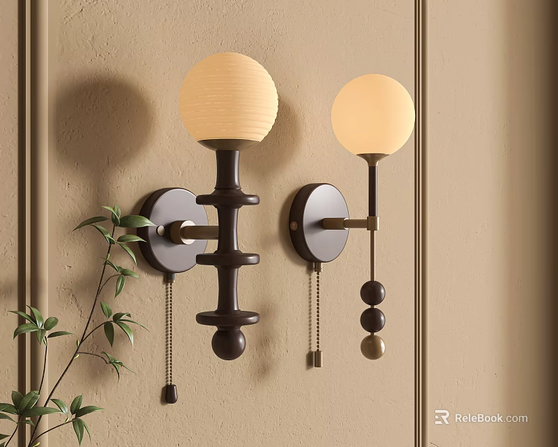 Modern Wall Lamps With Cream Lampshades Black Gold Frames And Green Plant On Beige Wall 3d model 