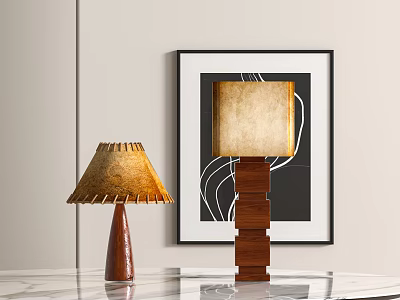 Two Modern Table Lamps With Wooden Bases And Pleated Square Fabric Shades On Marble Tabletop 3d model