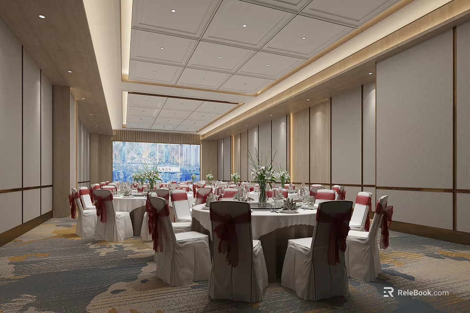 Elegant Banquet Hall With Round Tables White Tablecloths Red Bow Chairs And Recessed Lighting 3d model 