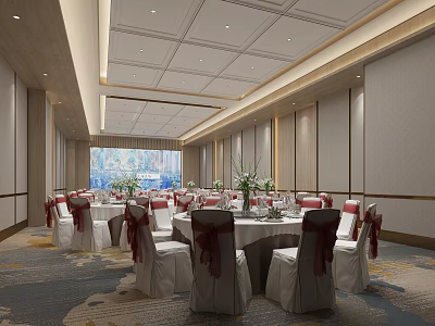 Elegant Banquet Hall With Round Tables White Tablecloths Red Bow Chairs And Recessed Lighting 3d model