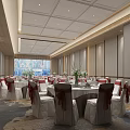 Elegant Banquet Hall With Round Tables White Tablecloths Red Bow Chairs And Recessed Lighting