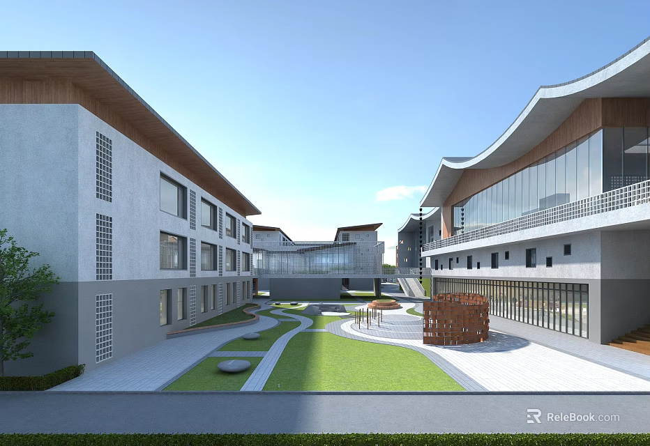 Contemporary School Building With Gray Exterior Glass Curtain Walls Courtyard Green Lawn And Stone Path 3d model 