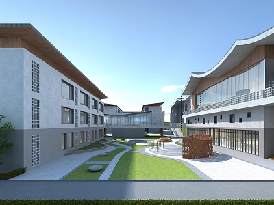 Contemporary School Building With Gray Exterior Glass Curtain Walls Courtyard Green Lawn And Stone Path 3d model