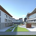 Contemporary School Building With Gray Exterior Glass Curtain Walls Courtyard Green Lawn And Stone Path