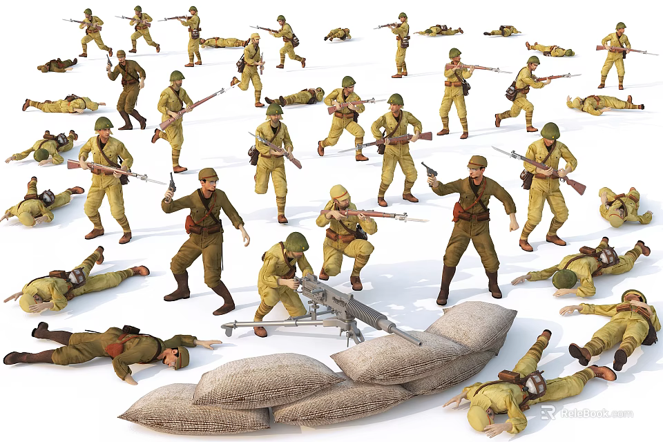 Game and Movie Characters Soldiers in Military Uniforms Holding Guns Standing Crawling Lying Near Sandbags 3d model 