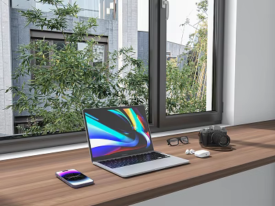 Modern Laptop on Wooden Windowsill with Smartphone Wireless Earbuds Camera and Green Plants Outside 3d model