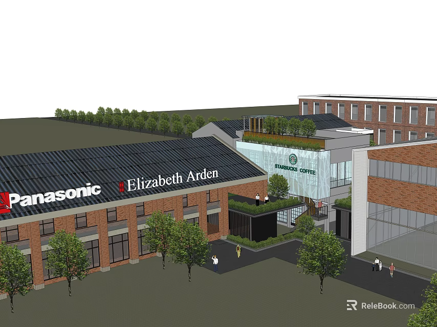 Modern Commercial Complex Featuring Panasonic Elizabeth Arden Stores Greenery And Glass Entrance 3d model 