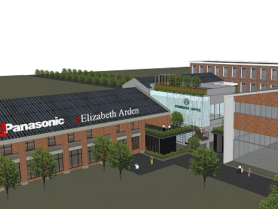 Modern Commercial Complex Featuring Panasonic Elizabeth Arden Stores Greenery And Glass Entrance 3d model