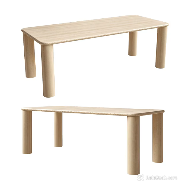Minimalist Wooden Dining Table With Rectangular Top And Cylindrical Legs Design 3d model