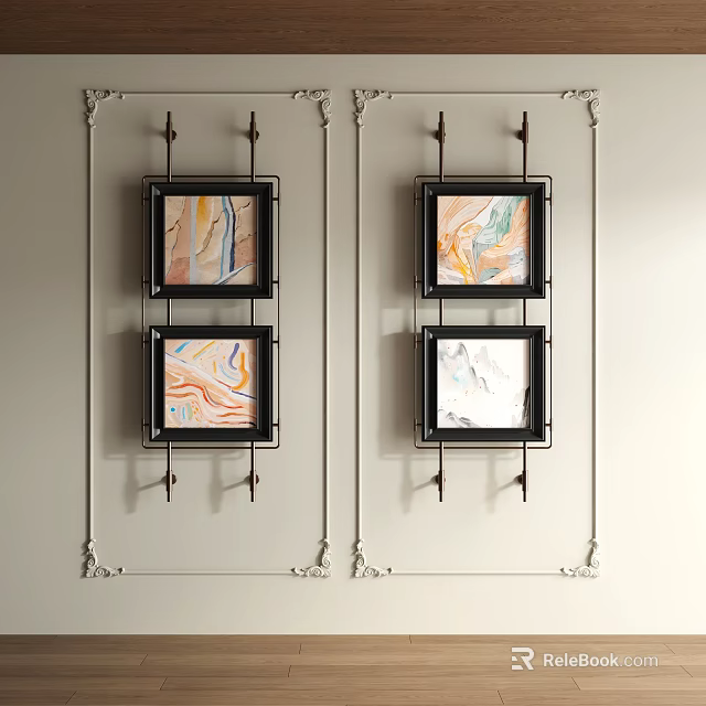 Four Black Framed Abstract Paintings With Colorful Marbled Textures On Light Wall 3d model 