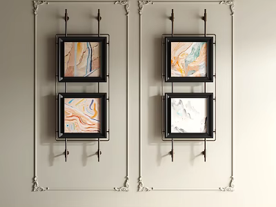 Four Black Framed Abstract Paintings With Colorful Marbled Textures On Light Wall 3d model