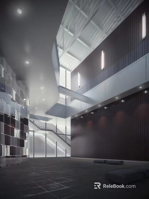 Modern Hotel Lobby Interior With High Ceiling Staircase And Wooden Panel Walls 3d model 