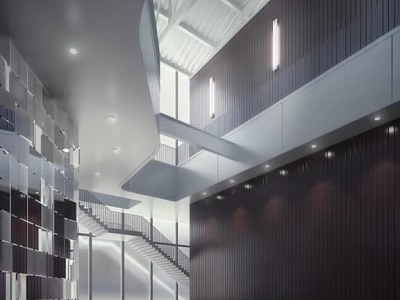 Modern Hotel Lobby Interior With High Ceiling Staircase And Wooden Panel Walls 3d model