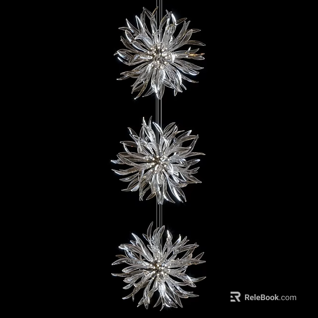 Three Silver Flower Shaped Chandelier Vertically Arranged on Black Background 3d model 