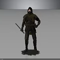 Hooded Warrior In Brown Cloak Holding Long Sword On Gray Background