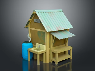 Cartoon Style Adorable Hut With Green Corrugated Roof Blue Barrel Small Sink And Wooden Bench 3d model