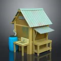 Cartoon Style Adorable Hut With Green Corrugated Roof Blue Barrel Small Sink And Wooden Bench