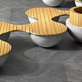 Contemporary Public Chairs Featuring Wooden Circular And Wavy Designs With Potted Plants On Gray Floor