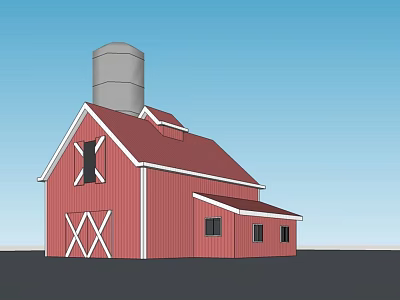 Red Barn With Silver Silo White Trim And Windows Under Blue Sky 3d model