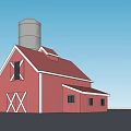 Red Barn With Silver Silo White Trim And Windows Under Blue Sky