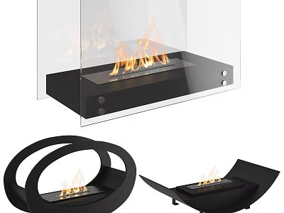 Modern Fireplace Designs With Transparent Glass Various Black Shapes And Flames 3d model