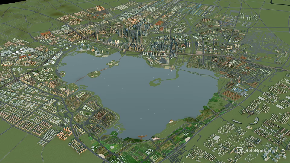 Birds Eye View Urban Planning With Central Lake Green Spaces And Surrounding Buildings 3d model 