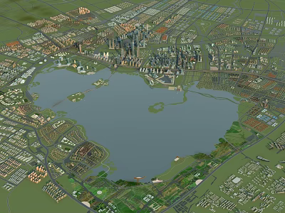 Birds Eye View Urban Planning With Central Lake Green Spaces And Surrounding Buildings 3d model