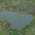 Birds Eye View Urban Planning With Central Lake Green Spaces And Surrounding Buildings
